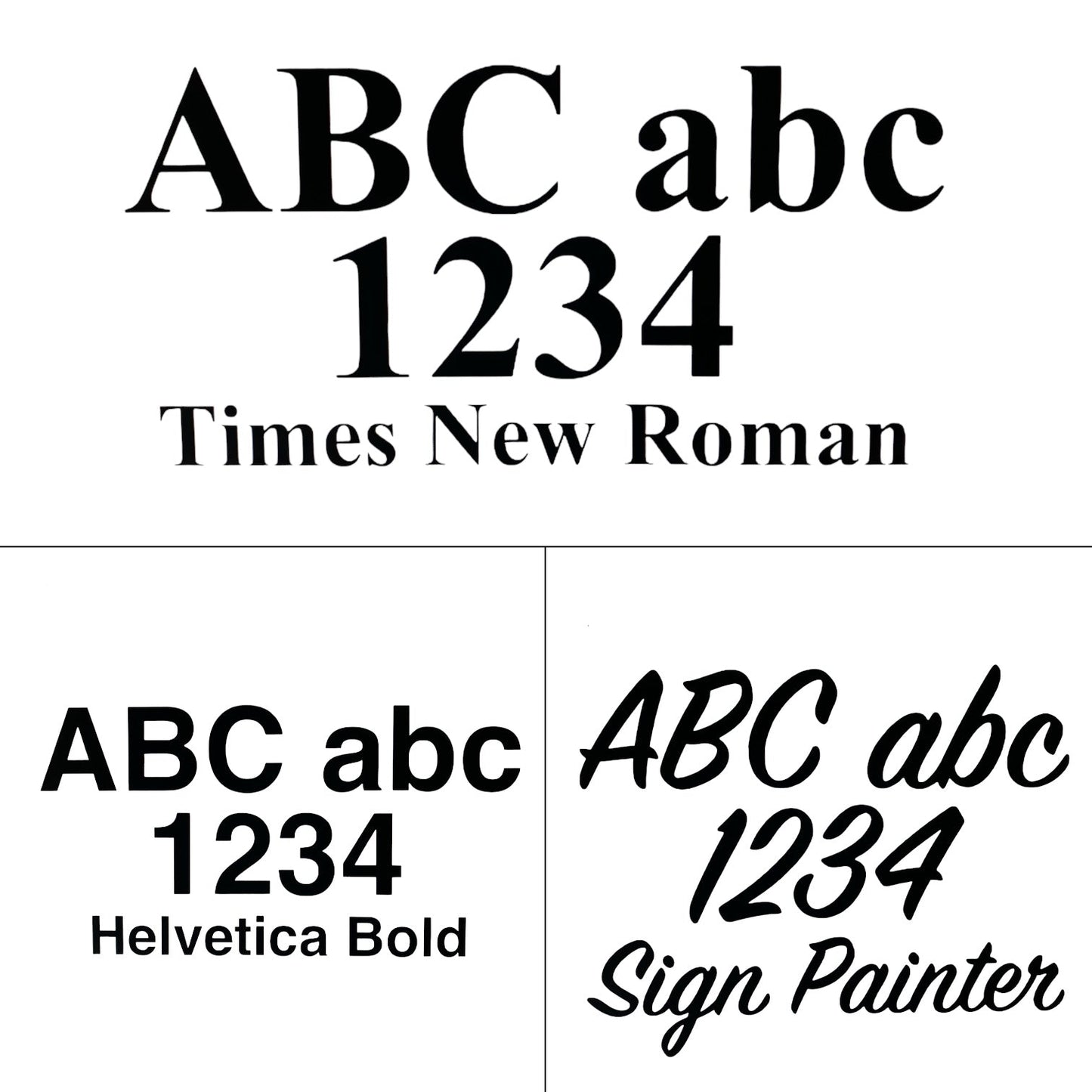 A typography comparison chart on a white background showing four font styles: Times New Roman, Helvetica Bold, and Sign Painter. The top row displays 'ABC abc 1234' in Times New Roman, and the bottom row shows the same text in Helvetica Bold and Sign Painter.