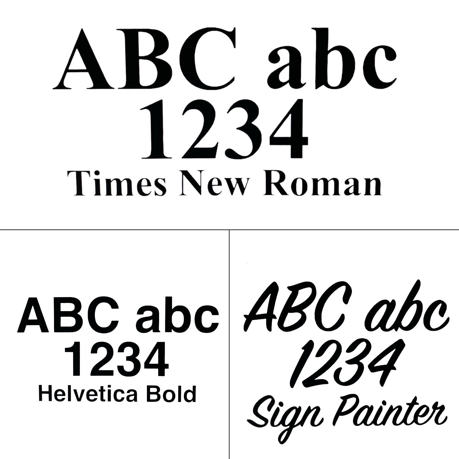 A typography comparison chart on a white background showing four font styles: Times New Roman, Helvetica Bold, and Sign Painter. The top row displays 'ABC abc 1234' in Times New Roman, and the bottom row shows the same text in Helvetica Bold and Sign Painter.