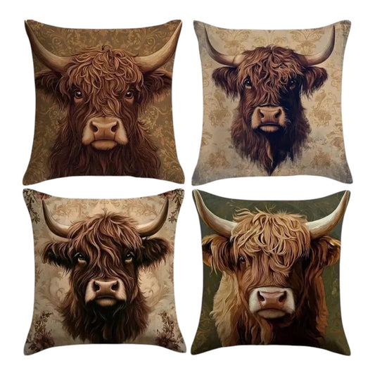 Highland Cow Cushion Cover | Farmhouse Floral Pillow Cover | 4 Designs | 40x40 45x45 50x50 60x60cm