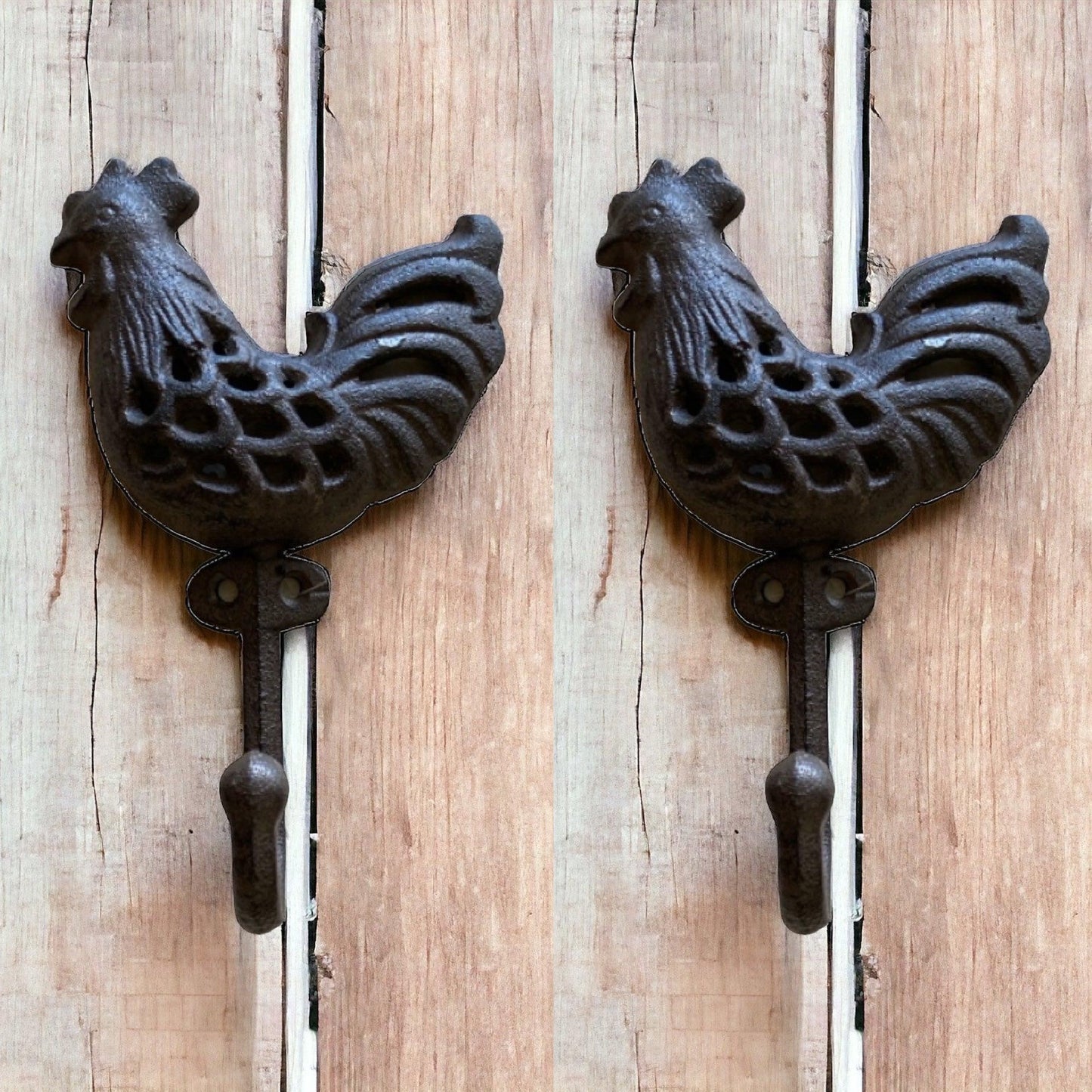 Rooster Chicken Cast Iron Rustic Hook | Set of 2 or 3 Farmhouse Wall Hooks 10cm x 16.5cm