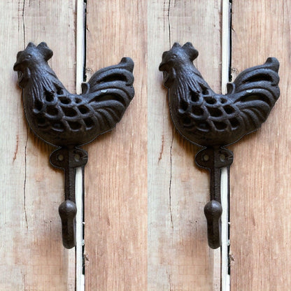 Rooster Chicken Cast Iron Rustic Hook | Set of 2 or 3 Farmhouse Wall Hooks 10cm x 16.5cm