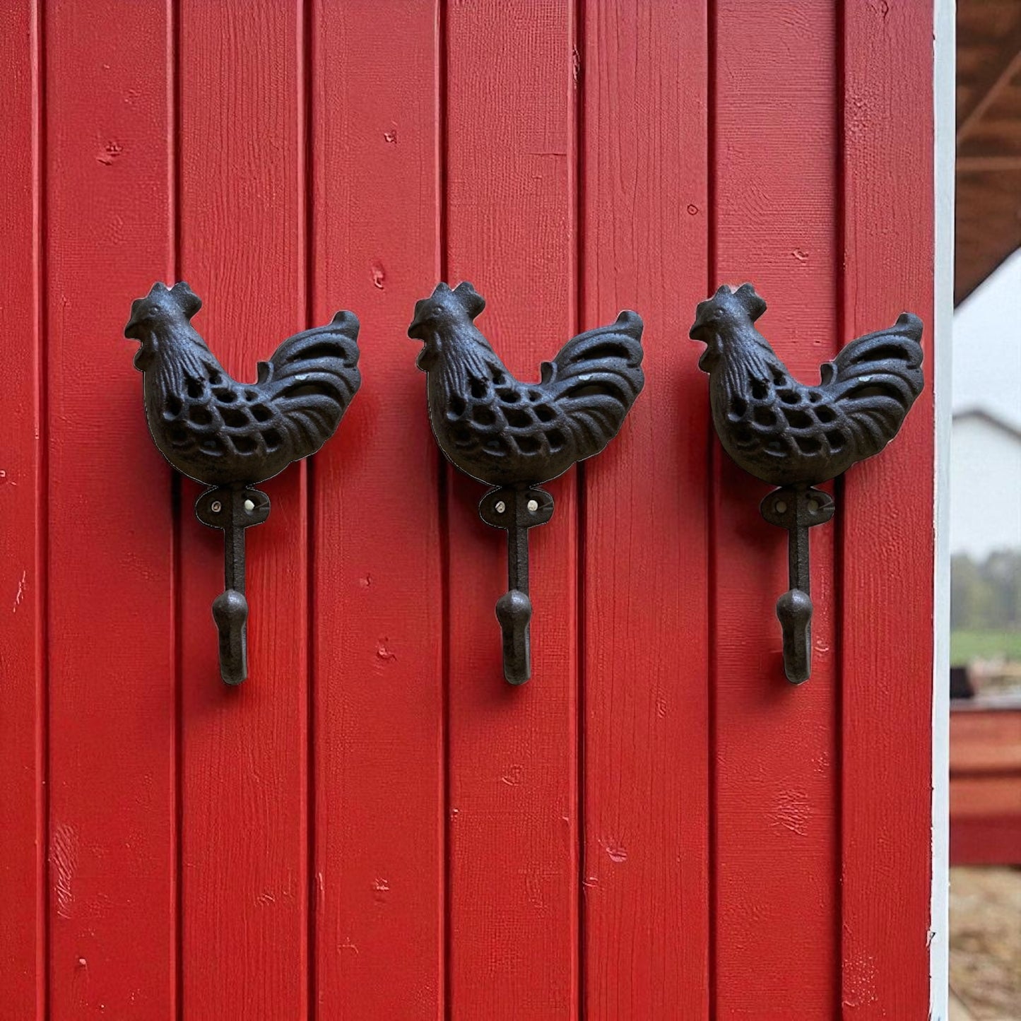 Rooster Chicken Cast Iron Rustic Hook | Set of 2 or 3 Farmhouse Wall Hooks 10cm x 16.5cm