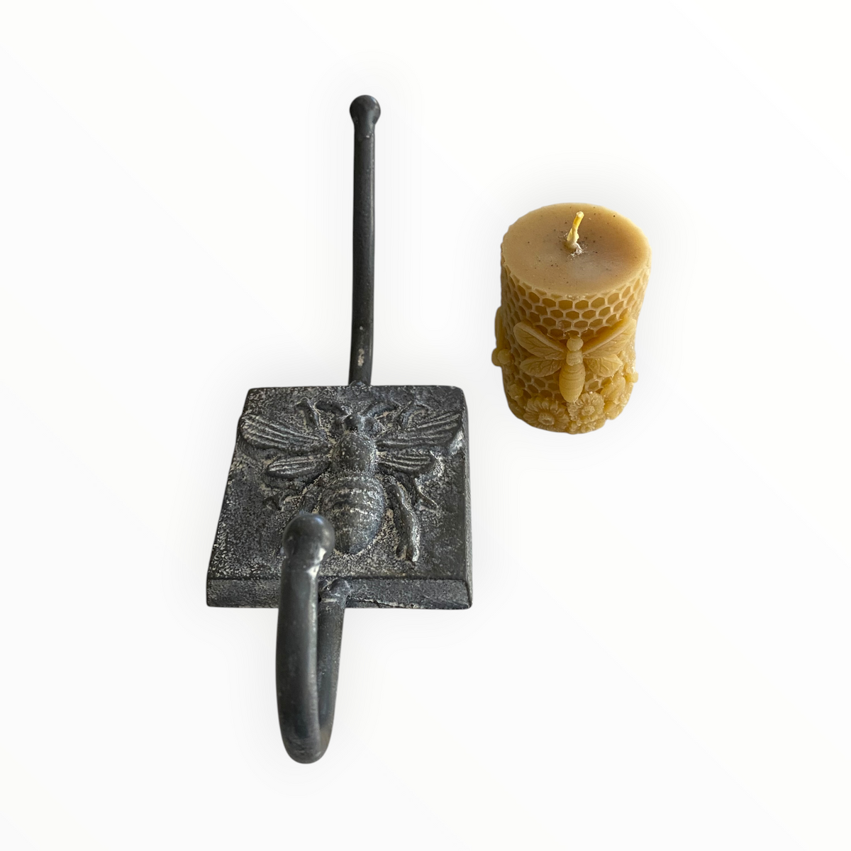 Bee Hook & Pure Beeswax Candle Gift Set — Rustic Cast Iron