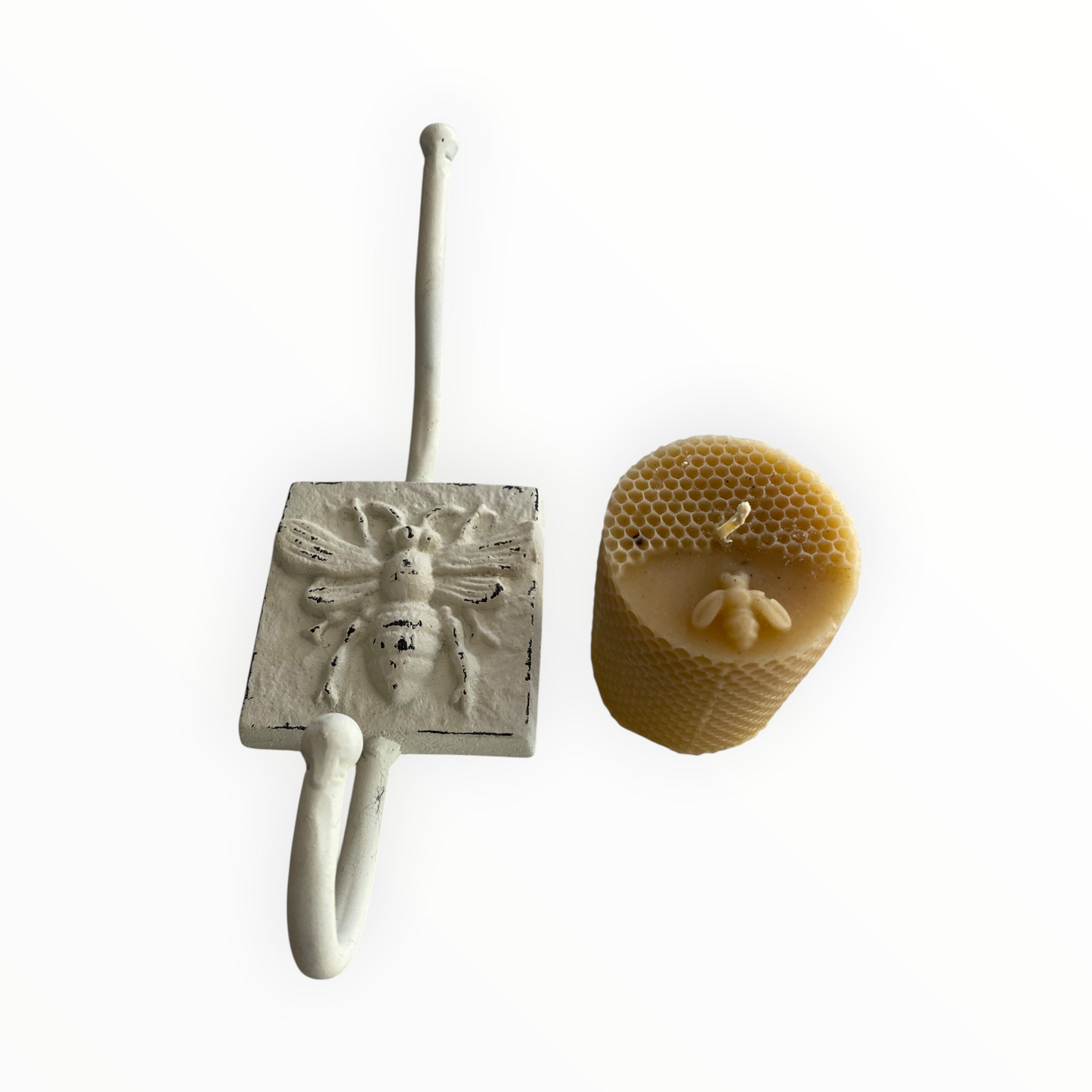 Bee Hook & Pure Beeswax Candle Gift Set — Rustic White Cast Iron