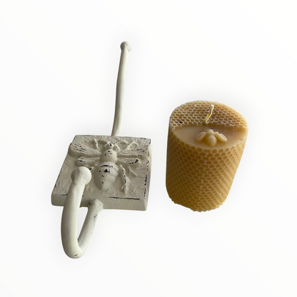 Bee Hook & Pure Beeswax Candle Gift Set — Rustic White Cast Iron