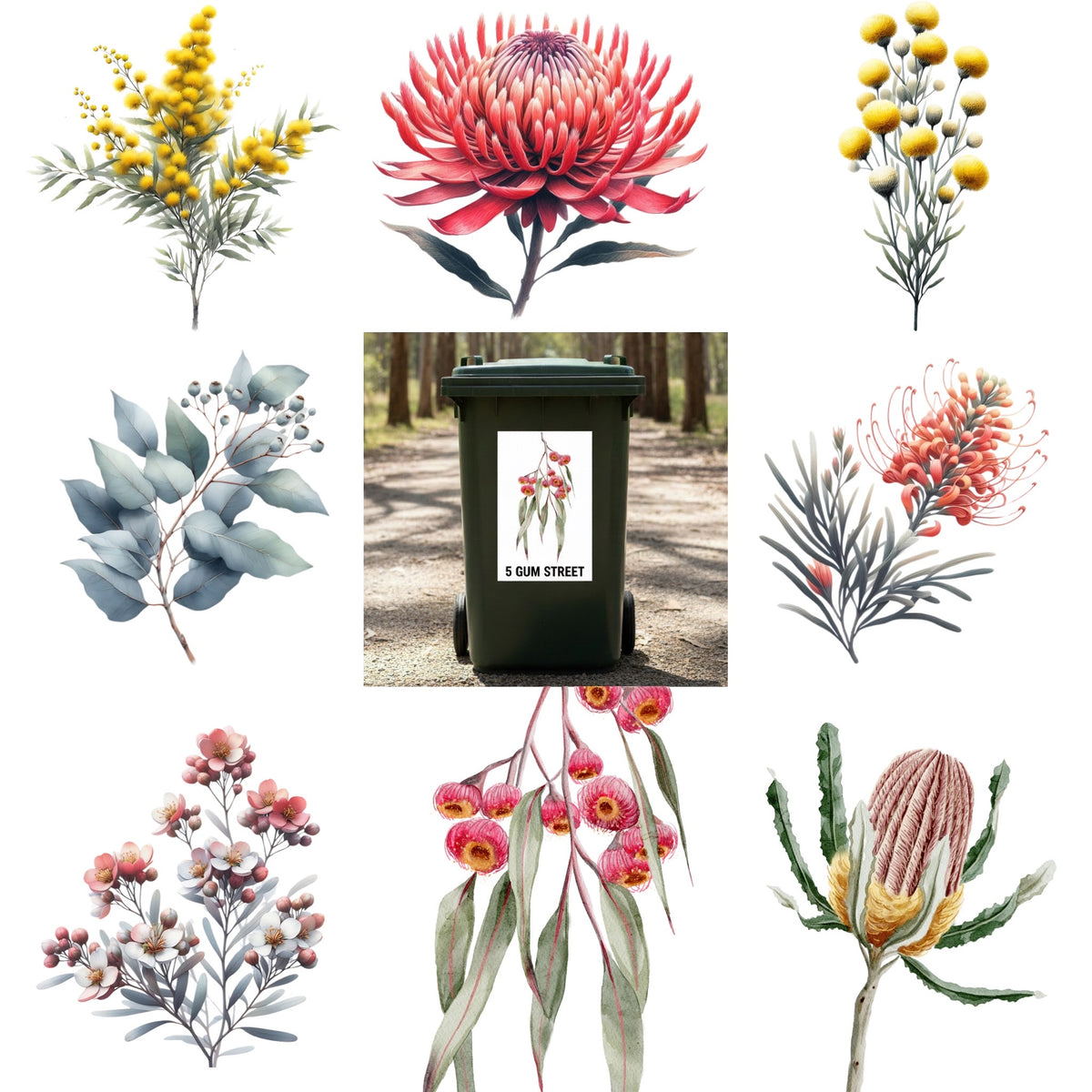 Personalised Wheelie Bin Sticker | Any Text | Australian Native Floral | Aussie Made