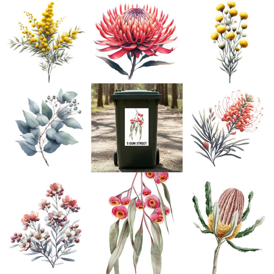 Personalised Wheelie Bin Sticker | Any Text | Australian Native Floral | Aussie Made