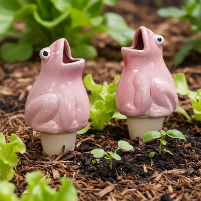 Ceramic Pink Frog Water Spike Watering Stakes Set of 2 | L6xW6xH13cm