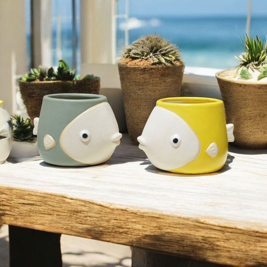 Planter Pot Fish Coastal Blue White Red Pink Yellow Green