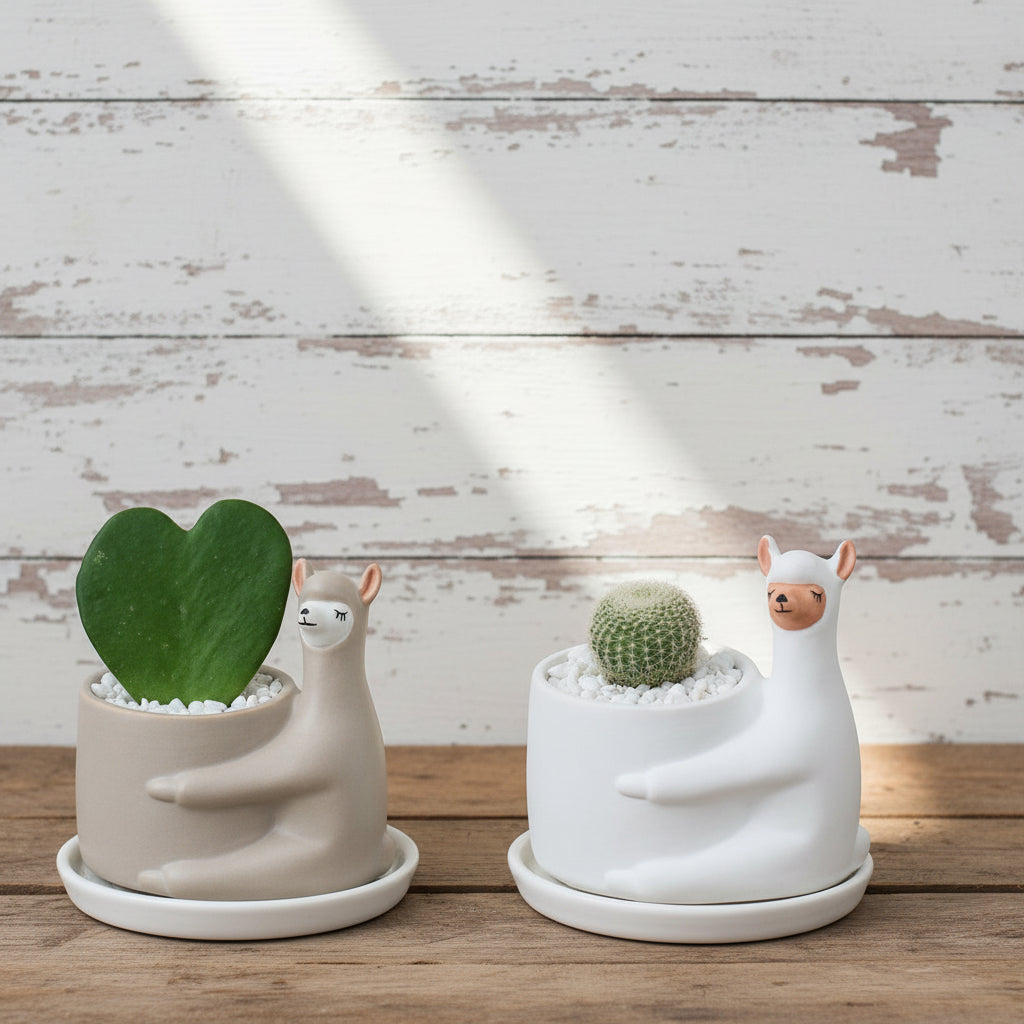 Llama Alpaca Planter Pot 10.5cm - White or Grey Ceramic