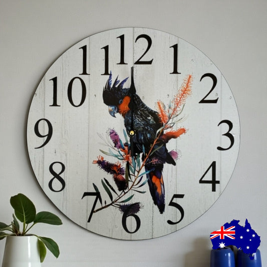 Clock Wall Black Cockatoo Bird Red 30cm or 60cm Aussie Made