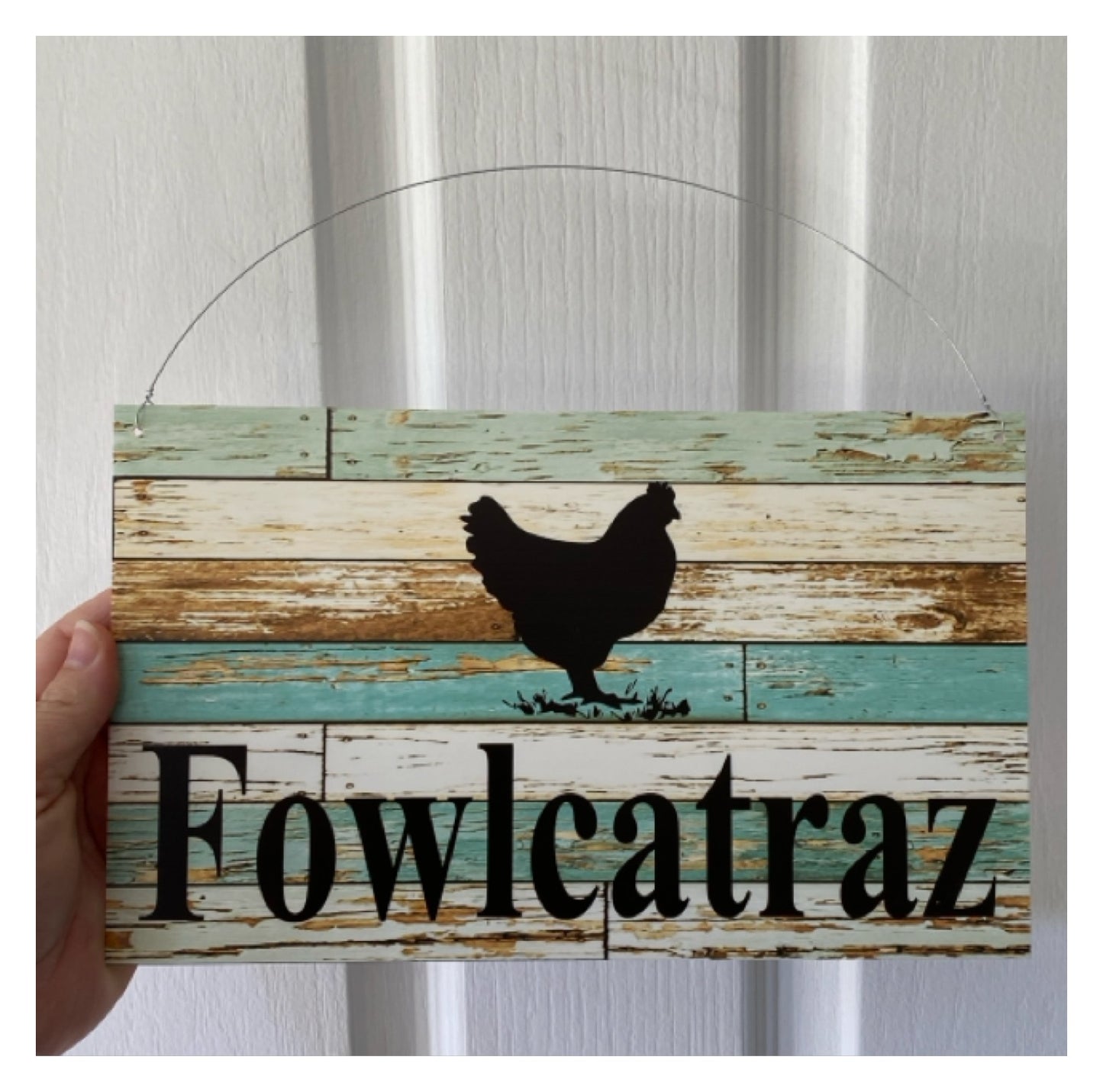 Chicken Hen Custom Personalised Sign Rustic Blue