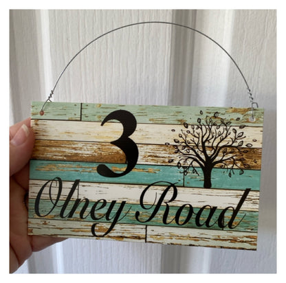 Personalised Street Number Address House Rustic Blue Tree Sign