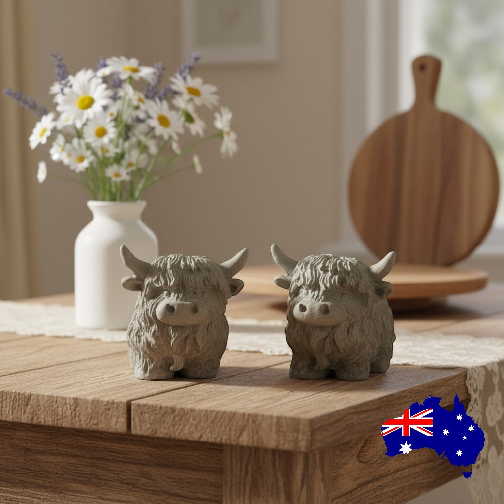 Highland Cow Set of 2 Aussie Handmade Concrete Country Decor