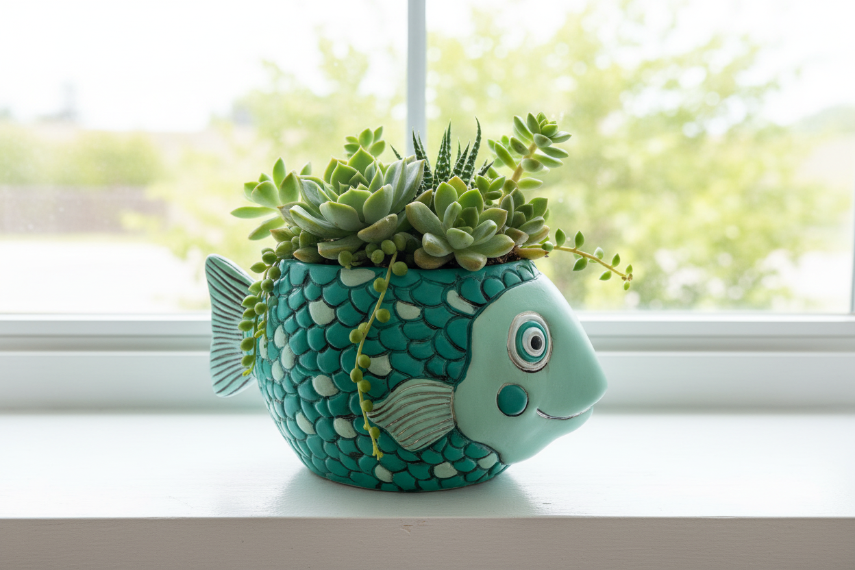 Fish Blue Teal Funky Pot Planter Plant Small