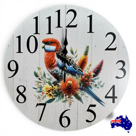 Clock Wall Rosella Bird Floral 30cm 60cm Aussie Made