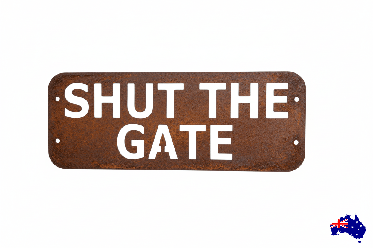 Custom Shut The Gate Sign - Personalised Rusty Metal Steel Sign - Australian Made