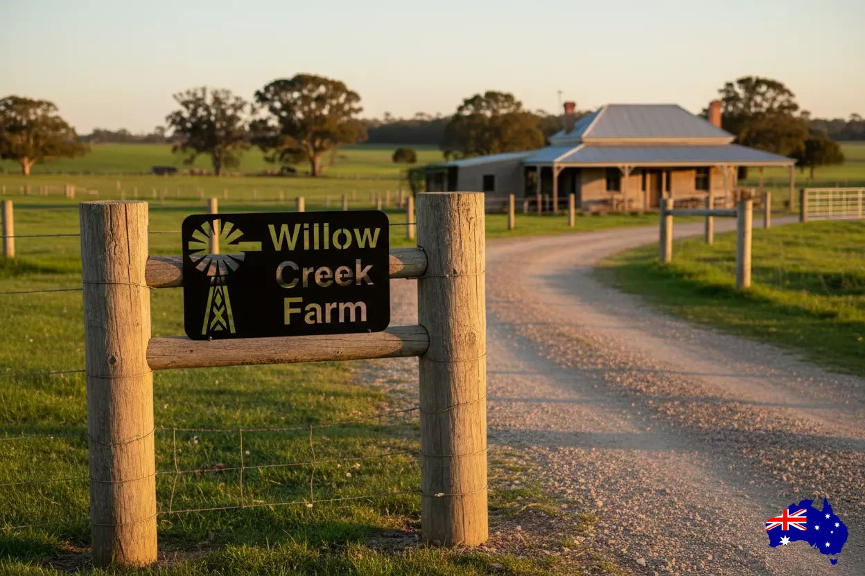 Custom Windmill Farm Sign Willow Creek - Personalised Rusty Metal Steel Sign - Australian Made