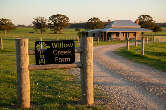 Custom Windmill Farm Sign Willow Creek - Personalised Rusty Metal Steel Sign - Australian Made