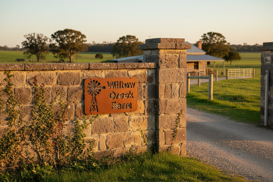 Custom Windmill Farm Sign Willow Creek - Personalised Rusty Metal Steel Sign - Australian Made