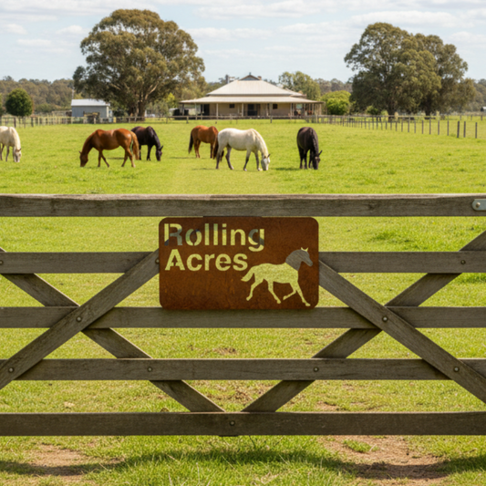 Custom Horse Rolling Acres Property House Gate Sign - Personalised Rusty Metal Steel Sign - Australian Made