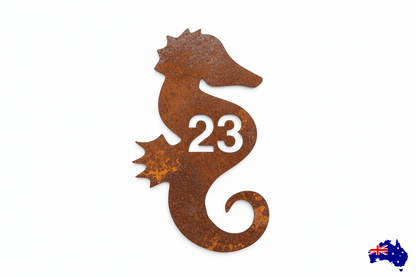 Custom Seahorse House Number Coastal Sign - Personalised Rusty Metal Steel Sign - Australian Made