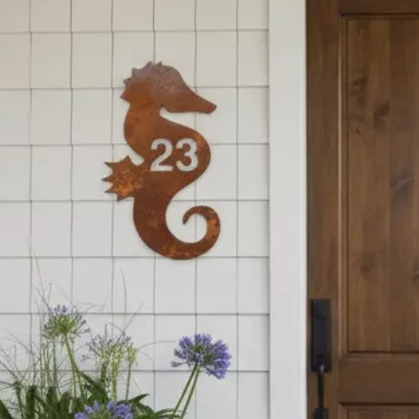 Custom Seahorse House Number Coastal Sign - Personalised Rusty Metal Steel Sign - Australian Made