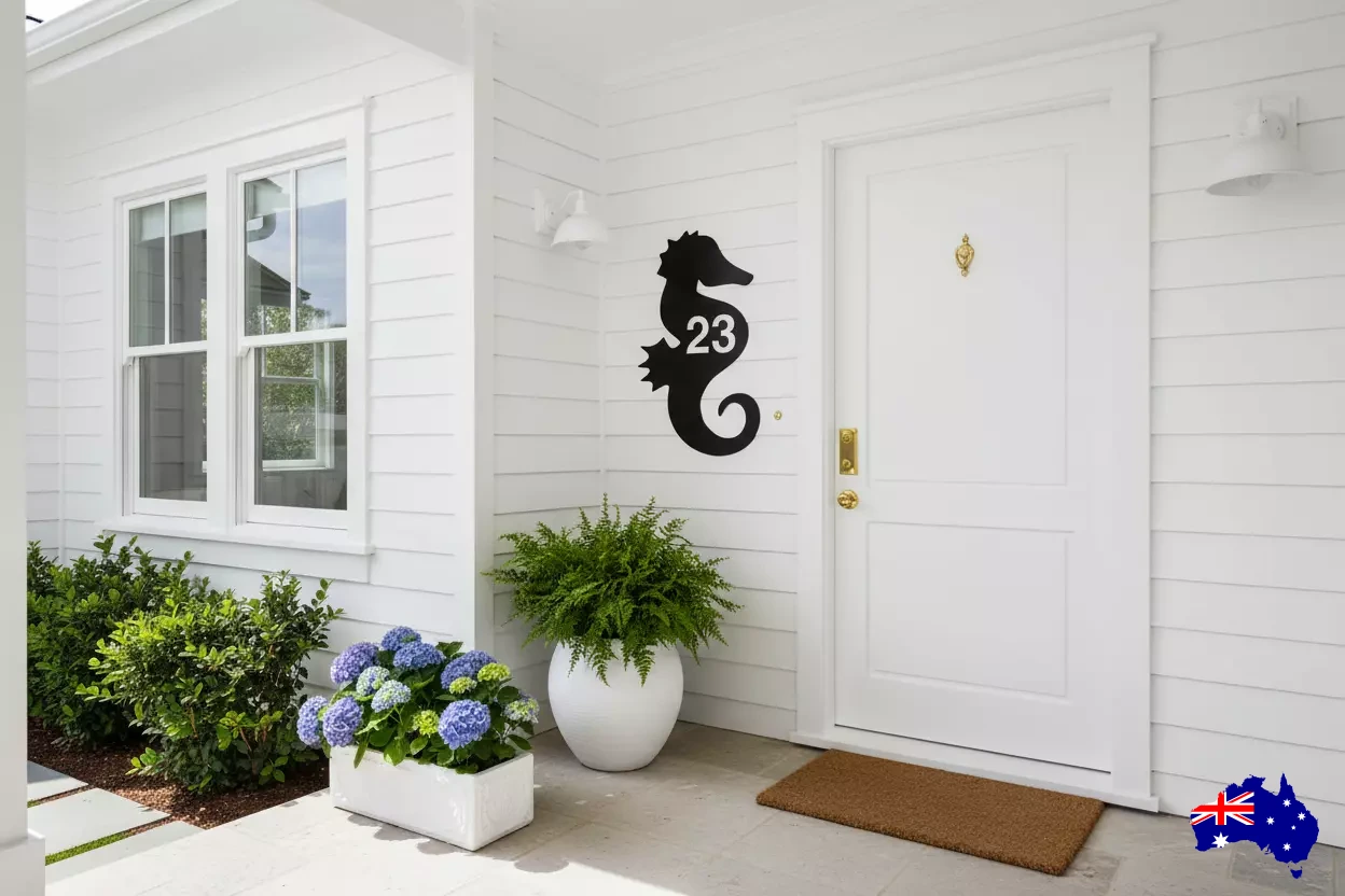 Custom Seahorse House Number Coastal Sign - Personalised Rusty Metal Steel Sign - Australian Made
