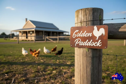 Custom Rooster Farm Sign Golden Paddock - Personalised Rusty Metal Steel Sign - Australian Made