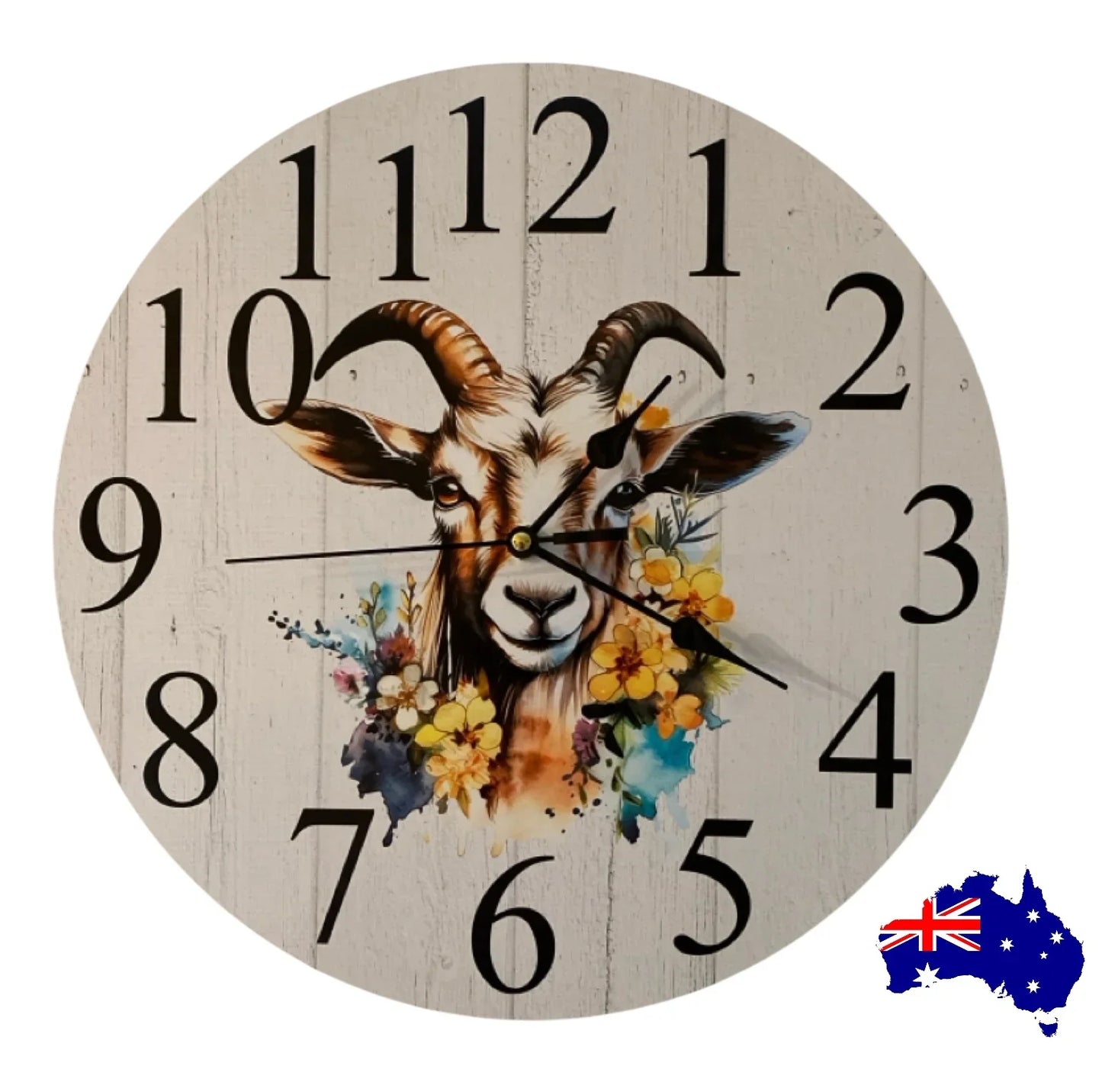 Clock Wall Goat Floral Blue 30cm or 60cm Aussie Made