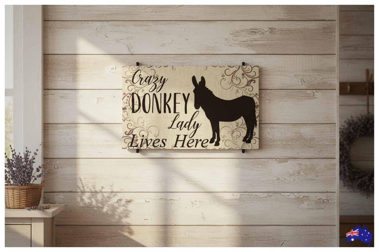 Crazy Donkey Lady Lives Here Sign 15cm 28cm 37cm 50cm - Aussie Made
