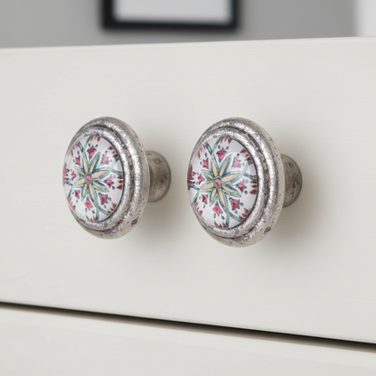 Cabinet Knob Set of 2 | Floral Crux Metal & Glass Drawer Pull