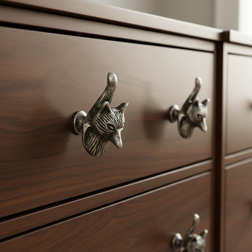 Cabinet Knob Set of 2 | Silver Fox Metal Drawer Pull Vintage