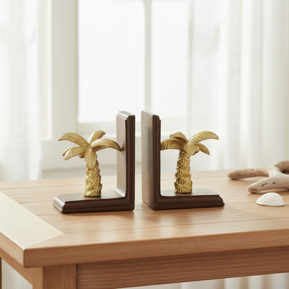 Gold Palm Tree Bookends | Coastal Hamptons Resin & Wood Book Ends | Shelf Decor