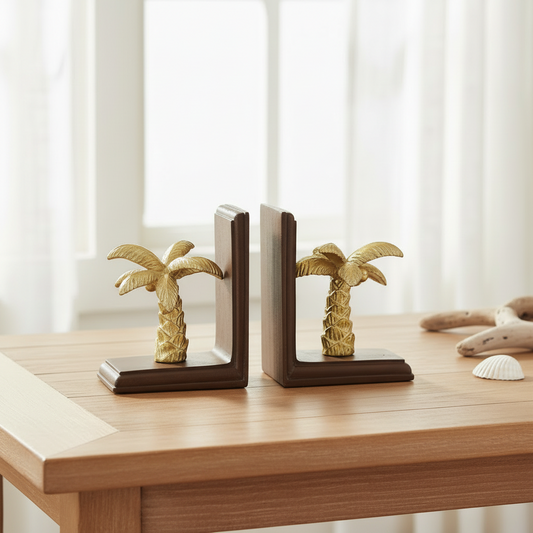 Gold Palm Tree Bookends | Coastal Hamptons Resin & Wood Book Ends | Shelf Decor