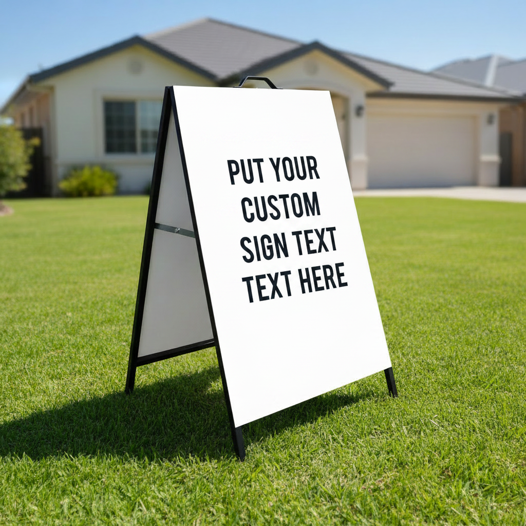 Blank white a-frame sign on grass with houses in the background