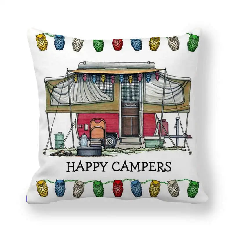 Happy Campers Cushion Cover Camping Caravan Motorhome