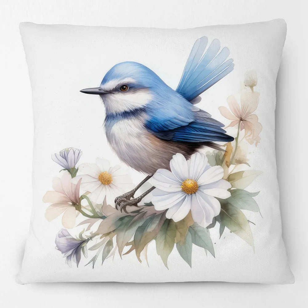 Blue Wren Cushion Cover 45x45cm | Watercolour Bird & Wildflower Pillow Cover | Australian Country Farmhouse Decor