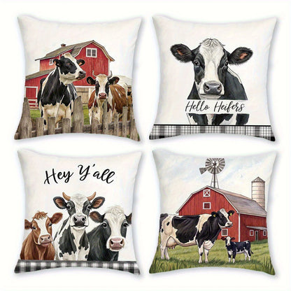 Farmhouse Cow Cushion Cover Set of 4 | Holstein Red Barn | Rustic Country Throw Pillow Cases
