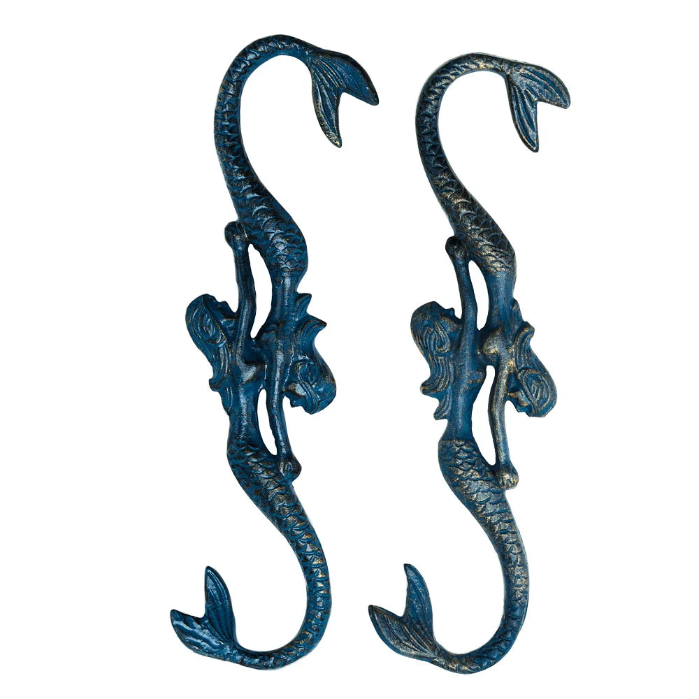 Cast Iron Mermaid S-Hooks | Set of 2 | Coastal Teal Vintage Decor