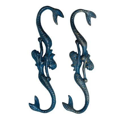 Cast Iron Mermaid S-Hooks | Set of 2 | Coastal Teal Vintage Decor
