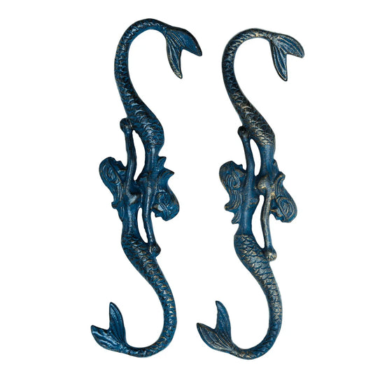 Cast Iron Mermaid S-Hooks | Set of 2 | Coastal Teal Vintage Decor