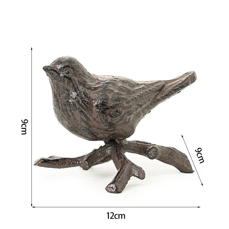 Cast Iron Wren Bird Sculpture | Rustic Bird Ornament on Branch | Farmhouse Garden & Home Decor | White or Brown