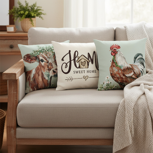 Cushion Cover Bless Home Chicken Rooster Cow Country | 3 Sizes 4 Designs