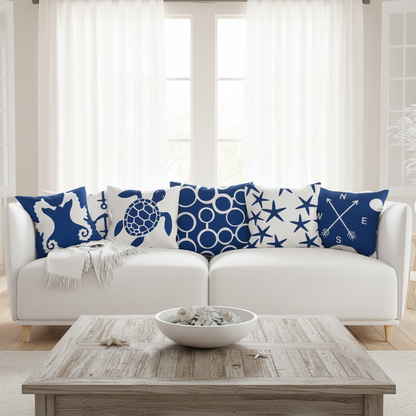 Cushion Cover Sea Life | Blues & Whites Coastal Decorative Throw Pillow