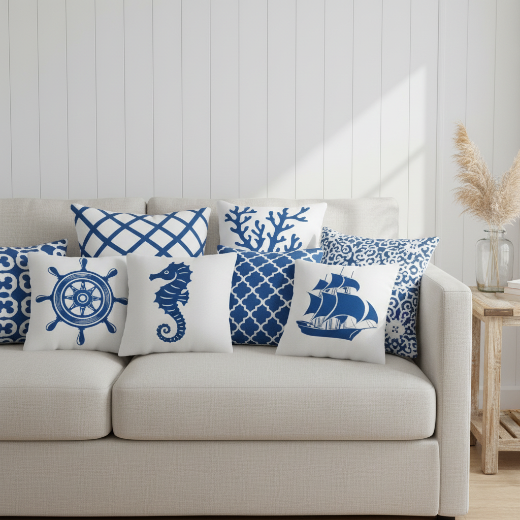 Cushion Cover Sea Life | Blues & Whites Coastal Decorative Throw Pillow
