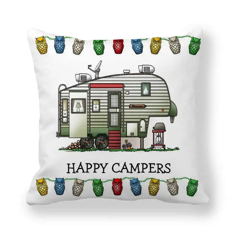 Happy Campers Cushion Cover Camping Caravan Motorhome