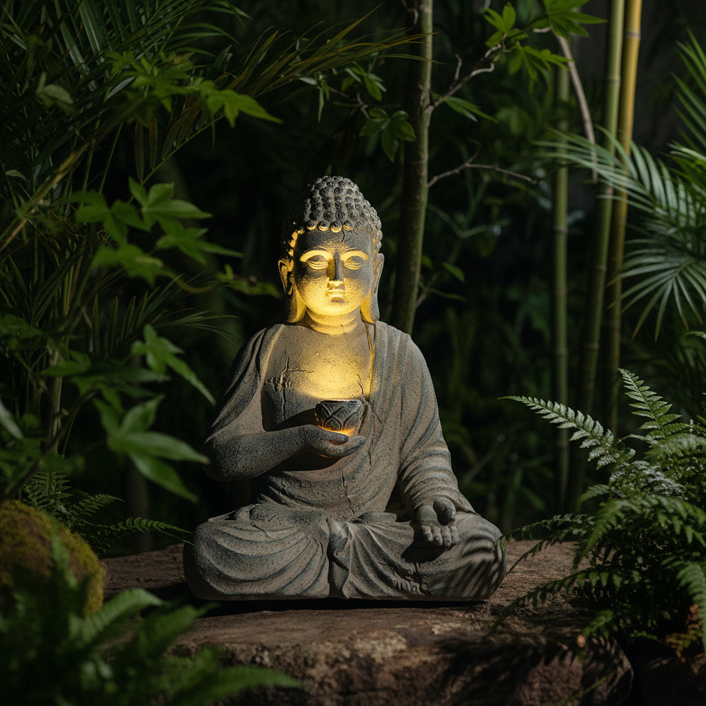 Solar Buddha Statue Garden Decor Resin Zen Sculpture 18x13x24cm Outdoor Indoor