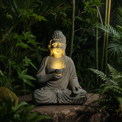 Solar Buddha Statue Garden Decor Resin Zen Sculpture 18x13x24cm Outdoor Indoor