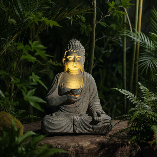 Solar Buddha Statue Garden Decor Resin Zen Sculpture 18x13x24cm Outdoor Indoor